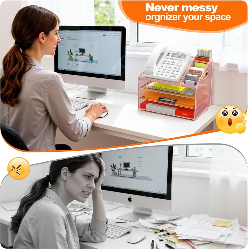 Docnest 4 Tier Metal Mesh Letter Tray - Space Saving Desk File Organizer with Handle, Pen Holder & Folder Holder - Desktop Document Sorter for Office, Home, School, Classroom - Pink - Image 3